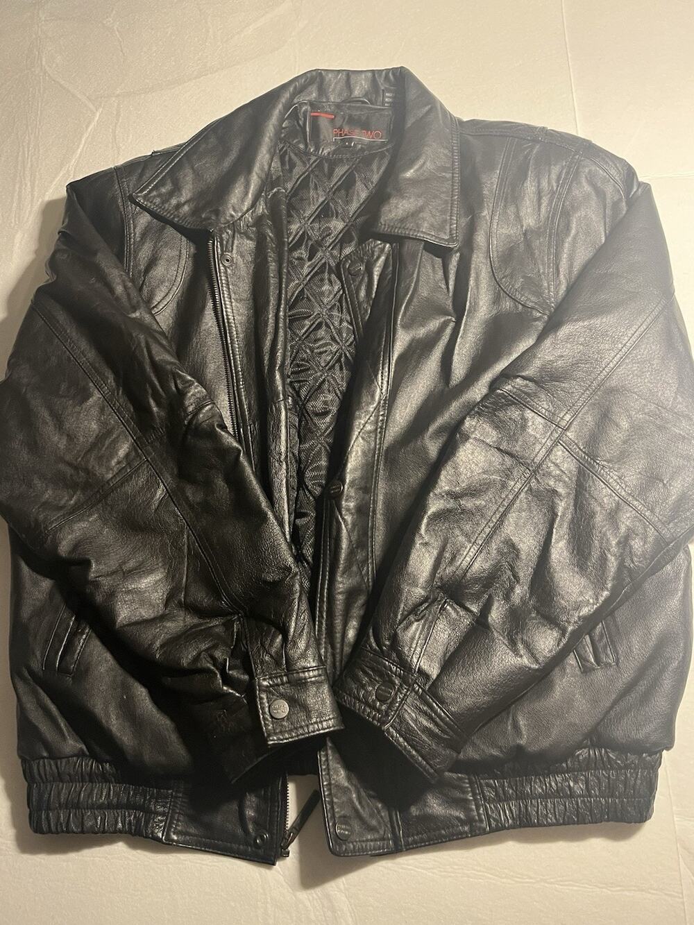 Vintage 90s Phase Two Black Leather Bomber Jacket Men’s Large Quilted Lined